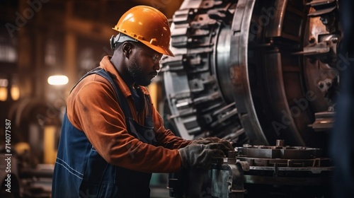 African American mechanic worker is checking the gear for hydraulic machine inside metal steel manufacturing factory for maintenance and inspection