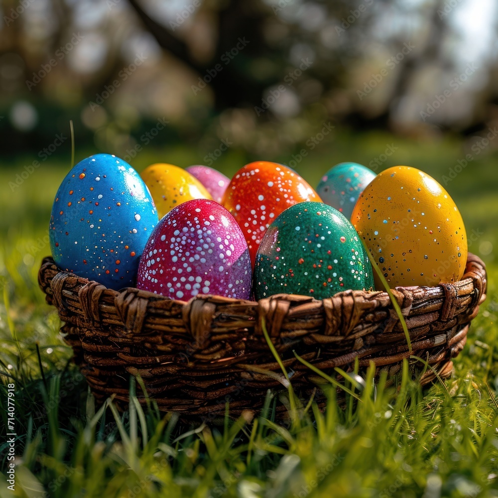 colorful eggs in woven baskets on grass colorful eggs in woven baskets on grass