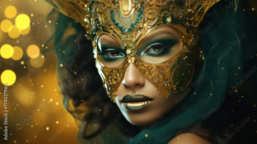 Woman with carnival mask in gold green color as wallpaper background illustration