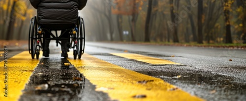 Foto disabled person in a wheelchair rides down the street Generative AI