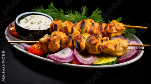 A colorful plate of saffron-infused chicken kebabs, served with a side of zesty cucumber yogurt sauce