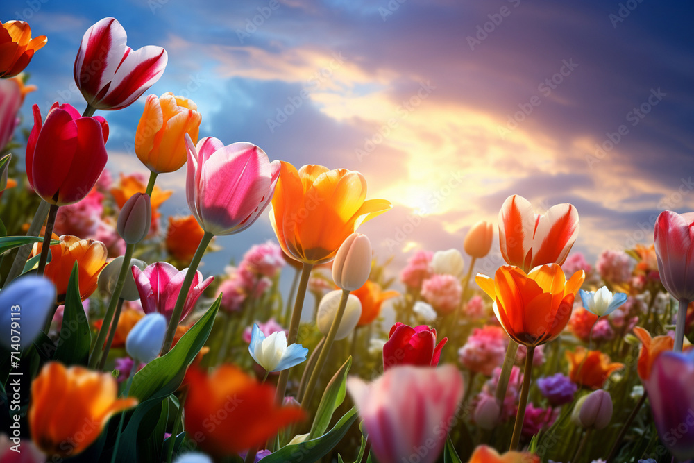 tulips of various colors in nature in beautiful spring day empty spac