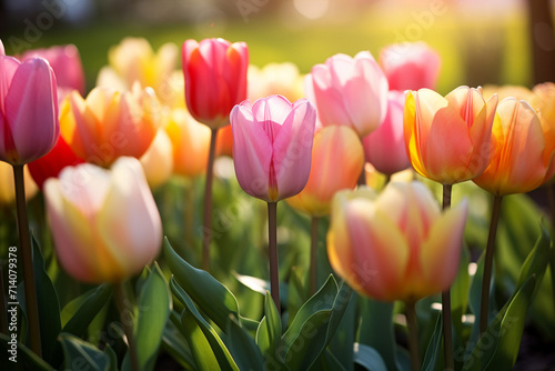 tulips of various colors in nature in spring day empty spac