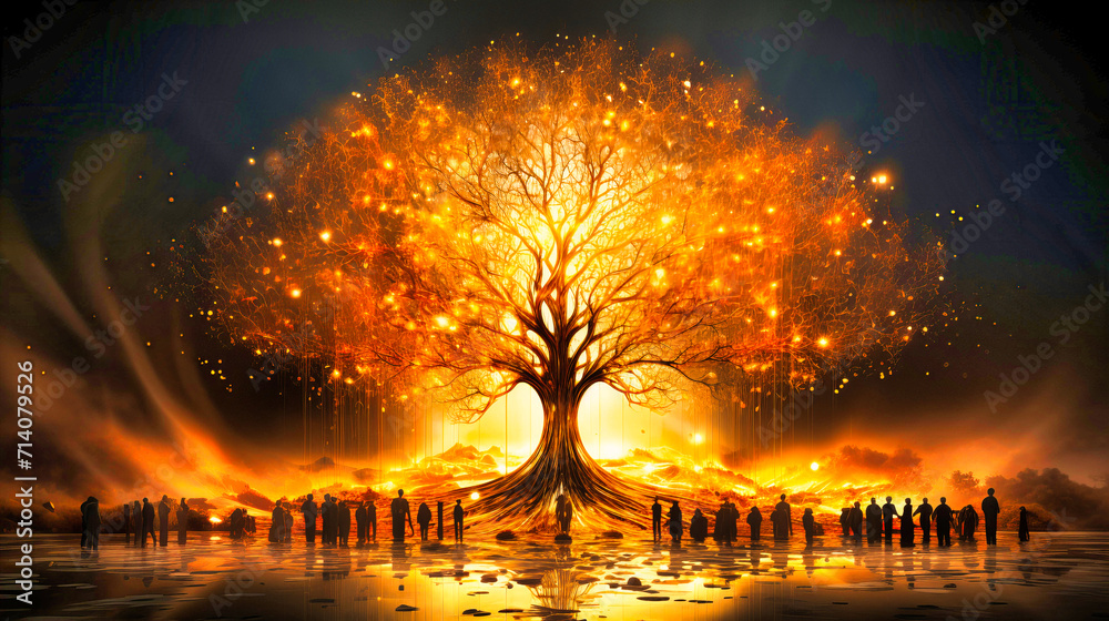 Fototapeta premium Magical fantasy landscape with a tree silhouette against a vibrant evening sky. Mystical environment, dreamy nature, and surreal illustration