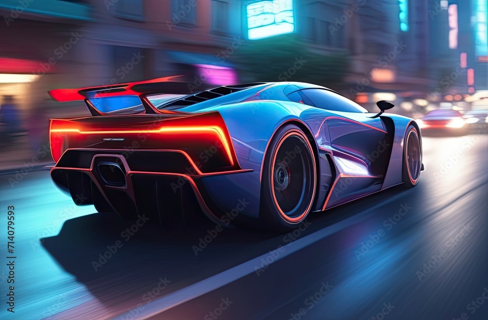 Tuned Sport Car , cyberpunk Retro Sports Car On Neon Highway. Powerful acceleration of a supercar on a night track with colorful lights and trails. 3d render, neons, cybercity background.