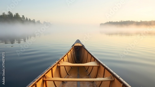 Bow of a canoe in the morning on a misty lake in Ontario Canada