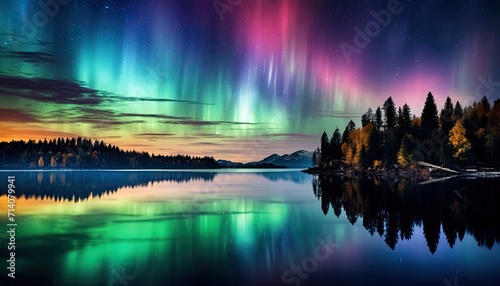 View of night sky with multicolored aurora borealis and snowy mountains peak background. Night glows in vibrant aurora reflection on the lake with forest. 