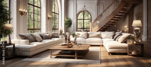 A cozy living room with a modern touch, featuring sleek white couches, a stylish coffee table, and a large window overlooking the city