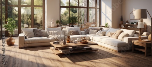 A cozy indoor living room featuring a spacious couch, stylish coffee table, and comfortable loveseat with soft pillows and throw cushions on a sleek wood flooring, creating a warm and inviting atmosp