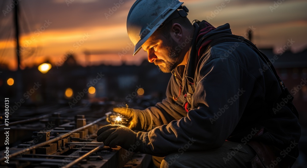 Fototapeta premium As the fiery sun sets on the horizon, a hardworking bluecollar worker stands proud in his workwear, his face illuminated by the glow of the streetlight, ready to tackle the night ahead