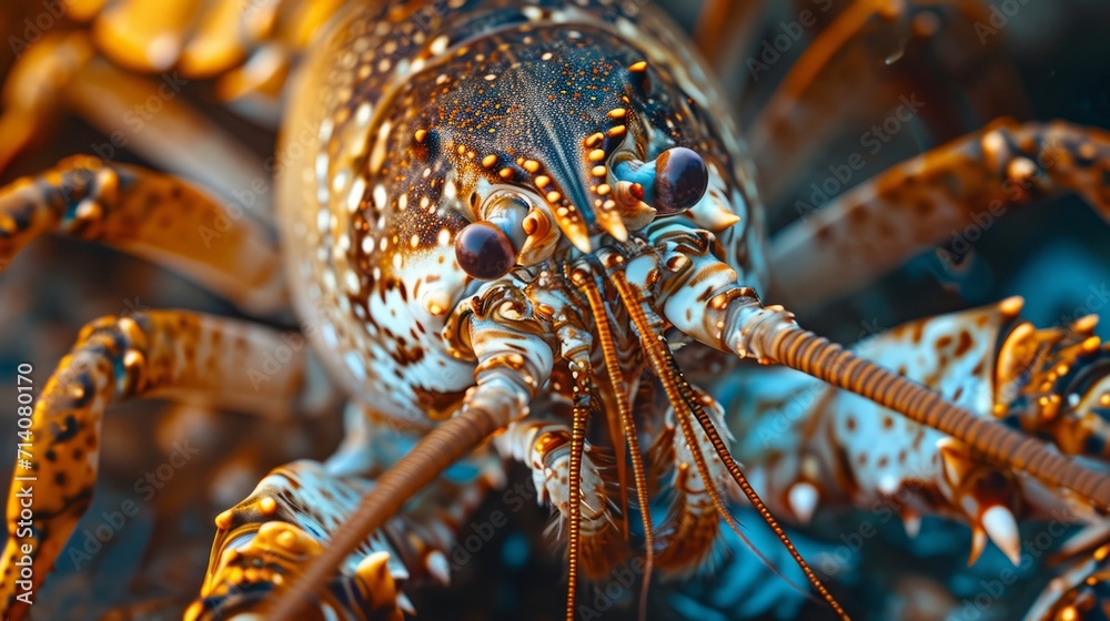 A close-up photo of a lobster. Macro portrait of a lobster. - obrazy, fototapety, plakaty 
