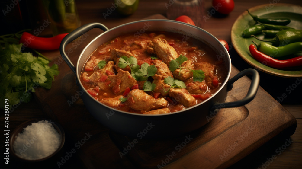 A pot of flavorful and spicy chicken curry, a popular dish for iftar during Ramadan