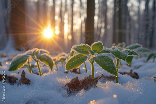 Concept of winter and cold days. Plant leaves in the snow with a sunset, sunrise and forest backgroud.