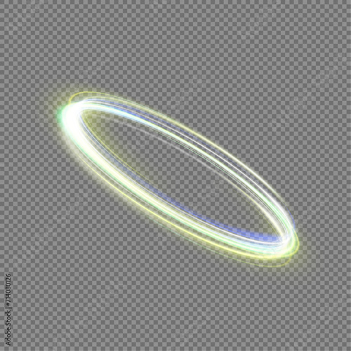 Abstract neon gold ring with a green tint. A bright plume of luminous rays swirling in a fast spiraling motion. Light golden swirl. Curve gold line light effect. Vector