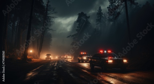 A caravan of police cars races through the foggy night, their lights piercing through the mist as they navigate towards a fiery scene on the tree-lined road
