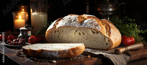 A rustic loaf of sourdough bread, adorned with creamy butter and surrounded by flickering candles, stands proudly on the table, evoking a sense of comfort and warmth in its simplicity and wholesome i