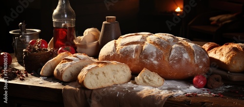 A rustic loaf of sourdough bread takes center stage on a table adorned with other delectable baked goods, as a bottle of soda bread and glasses of drink await to be enjoyed in the cozy indoor setting