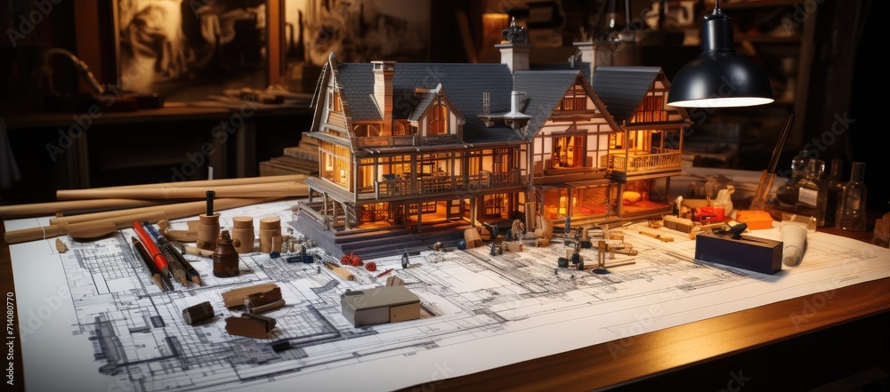 A miniature lego model of a cozy indoor house, perfectly crafted on a blueprint, evoking feelings of nostalgia and attention to detail - obrazy, fototapety, plakaty 
