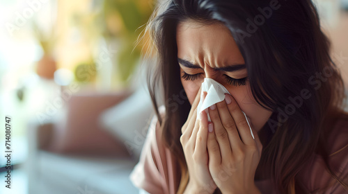 Closeup beauty young woman sick with the flu blowing her nose at home, health concept photo