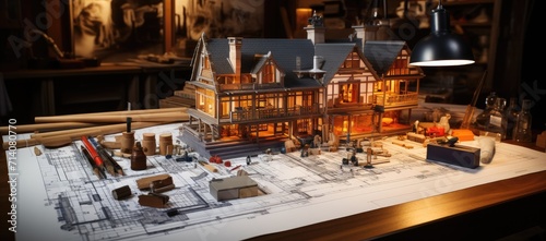 A miniature lego model of a cozy indoor house, perfectly crafted on a blueprint, evoking feelings of nostalgia and attention to detail photo