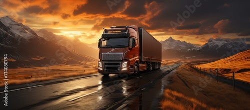 A rugged truck navigates through the picturesque landscape, its wheels churning up dust on the open road as the sun sets behind the majestic mountains