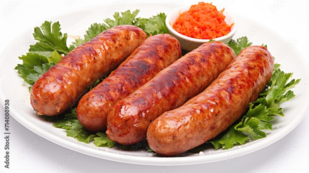 Grilled sausage on a plate with parsley greens on a white background. Juicy barbecue sausages. Food and kitchen concept. Illustration for banner, poster, cover, brochure or presentation.