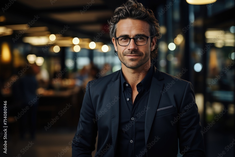 A stylish man stands confidently in front of a building, his human face adorned with a charming smile and framed by sleek glasses, dressed in a black suit and crisp white shirt A stylish man stands confidently in front of a building, his human face adorned with a charming smile and framed by sleek glasses, dressed in a black suit and crisp white shirt