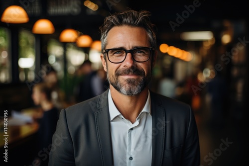 A stylish gentleman sporting a charming smile and dapper suit, with his glasses adding an air of sophistication to his well-groomed facial hair, whether he's indoors or out on the bustling streets