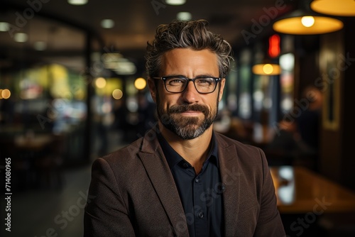A bearded man wearing glasses and a brown jacket stands on a busy street, his thoughtful expression contrasting with the hustle and bustle of the city © Larisa AI