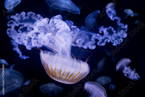 Beautiful jellyfish floating in the aquarium on the black background