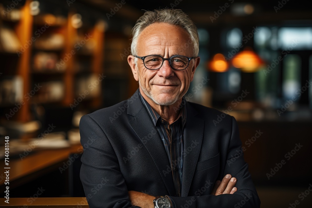 A confident man in a tailored suit stands with his arms crossed, his glasses adding an air of intelligence and his smile radiating a sense of contentment, showcasing both his impeccable fashion sense A confident man in a tailored suit stands with his arms crossed, his glasses adding an air of intelligence and his smile radiating a sense of contentment, showcasing both his impeccable fashion sense