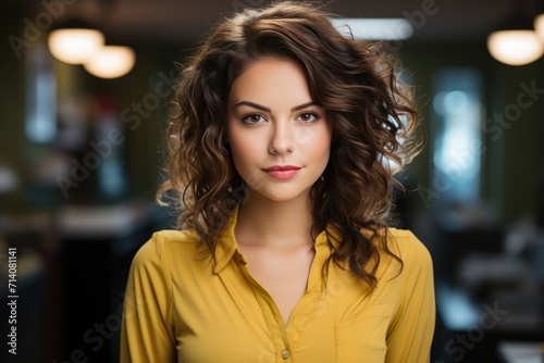 A striking lady exudes confidence in her fashion-forward yellow shirt and layered curly brown hair, as her captivating gaze and bold lip add depth to this stunning indoor portrait