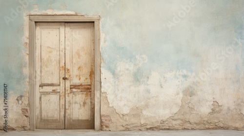 The dilapidated wall of the building and the wooden door require major repairs. Facade of a house with damaged plaster. Photophone for retro shooting. Illustration for cover, card, interior design. photo