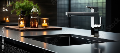 Amidst the sleek design of a modern kitchen, a glowing candle adds a warm touch to a sink and tap, standing tall against a vase and a tiled wall