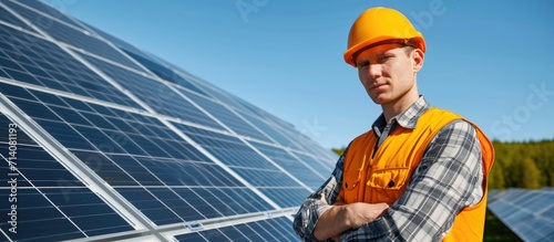 Solar panel engineer utilizes technology to monitor solar cell operation and machines utilizing solar energy. © 2rogan