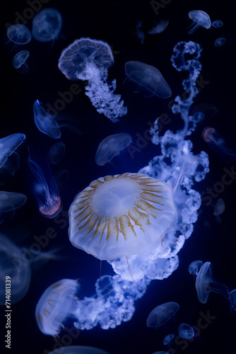 Beautiful jellyfish floating in the aquarium on the black background