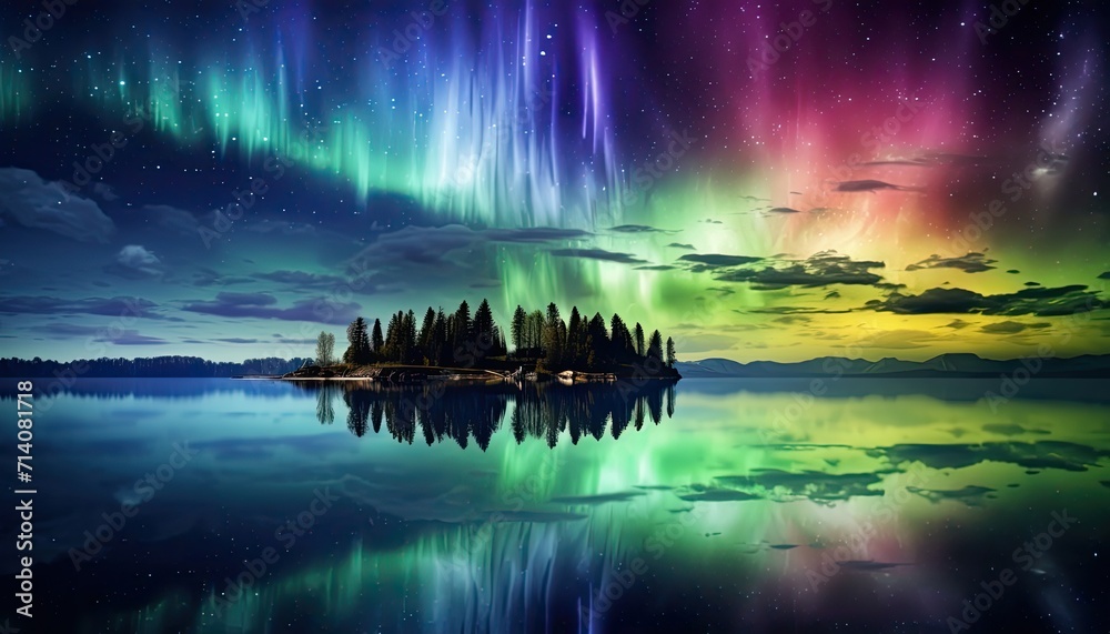 View of night sky with multicolored aurora borealis and snowy mountains peak background. Night glows in vibrant aurora reflection on the lake with forest. 