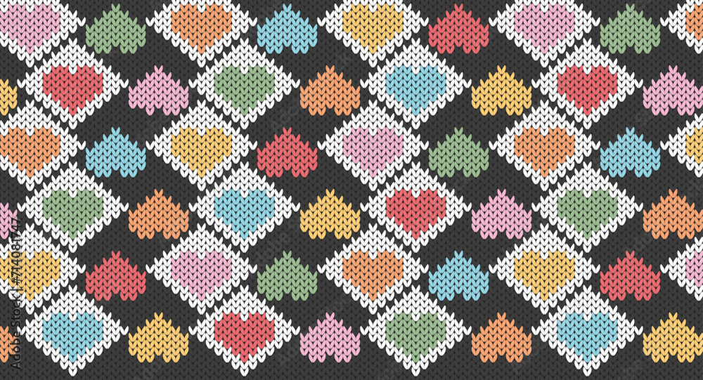 Colorful heart and white square on grey knitted pattern, Festive Sweater Design. Seamless Knitted Pattern