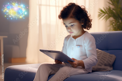 Little baby sitting on playing games on the digital tab.