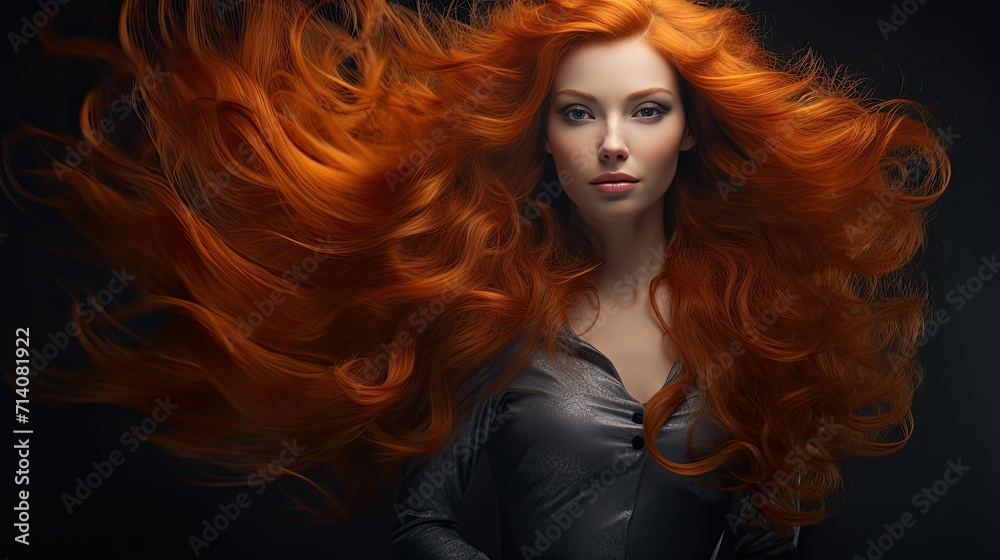 Obraz premium Beautiful female face with powerful silky hair and chic hairstyle done in a beauty salon. Perfect image of a beautiful red-haired woman with developing hair. Illustration for beauty magazine.