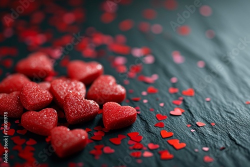 a bunch of red heart shaped candies on a black surface with red confetti scattered all over it
