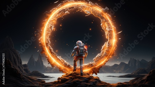 Portal to another world with a fiery glow around. Cosmic wormhole. Space travel concept. Science fiction universe exploration. Illustration for banner, poster, cover, brochure or presentation. photo