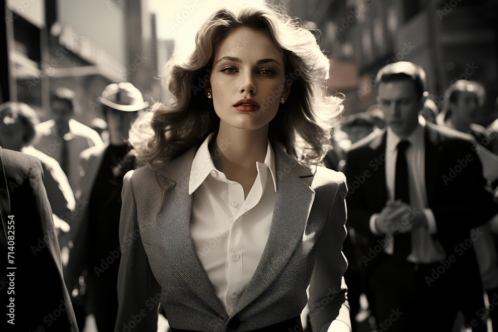 Portrait of a businesswoman woman in suit walking in the street of a city