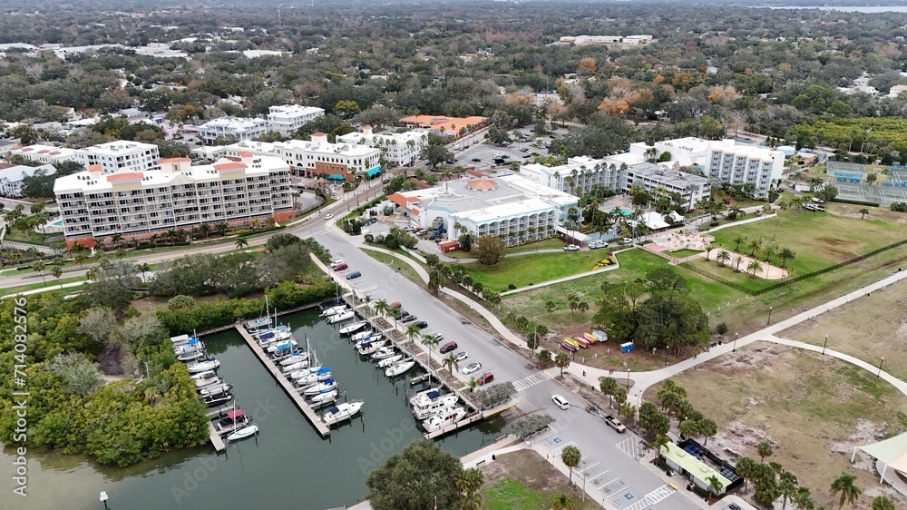 A drone photo of the  beautiful Safety Harbor Spa and Resort, Tampa Bay, Florida.