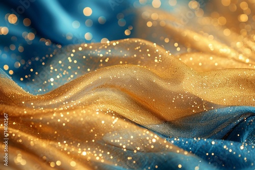 A close up view of a gold and blue fabric with a blurry image of a wave of gold sparkles on the top of the fabric and bottom of the image.