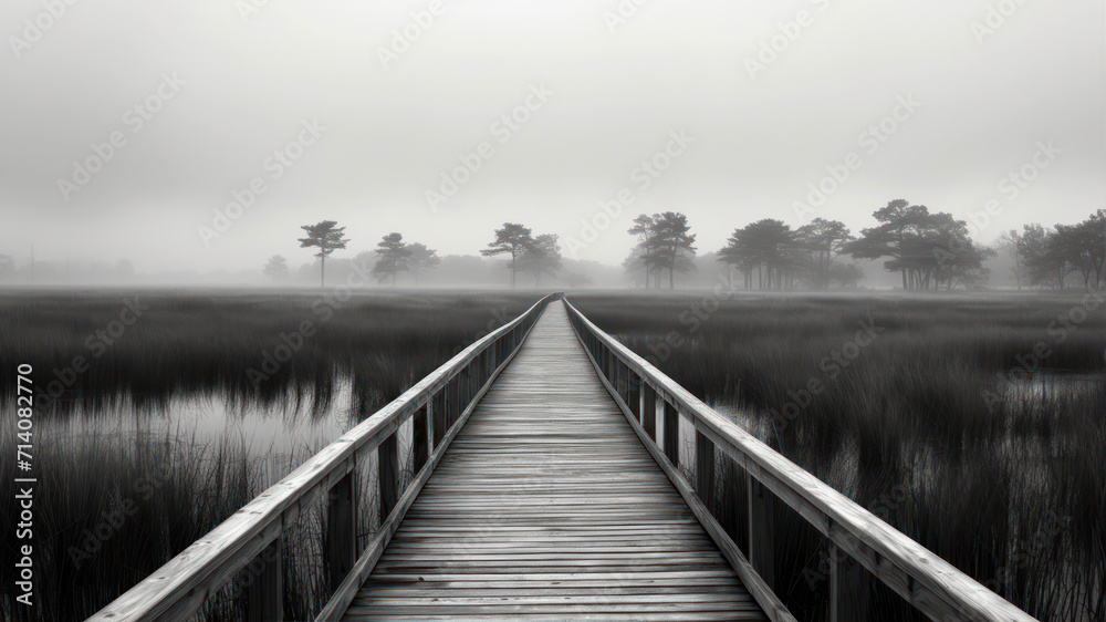 Wooden boardwalk through a foggy swamp in the morning. Wooden boardwalk through a foggy swamp in the morning.