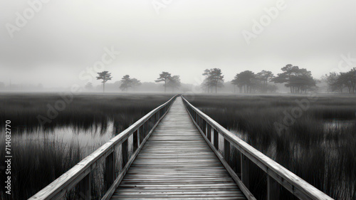 Wooden boardwalk through a foggy swamp in the morning.