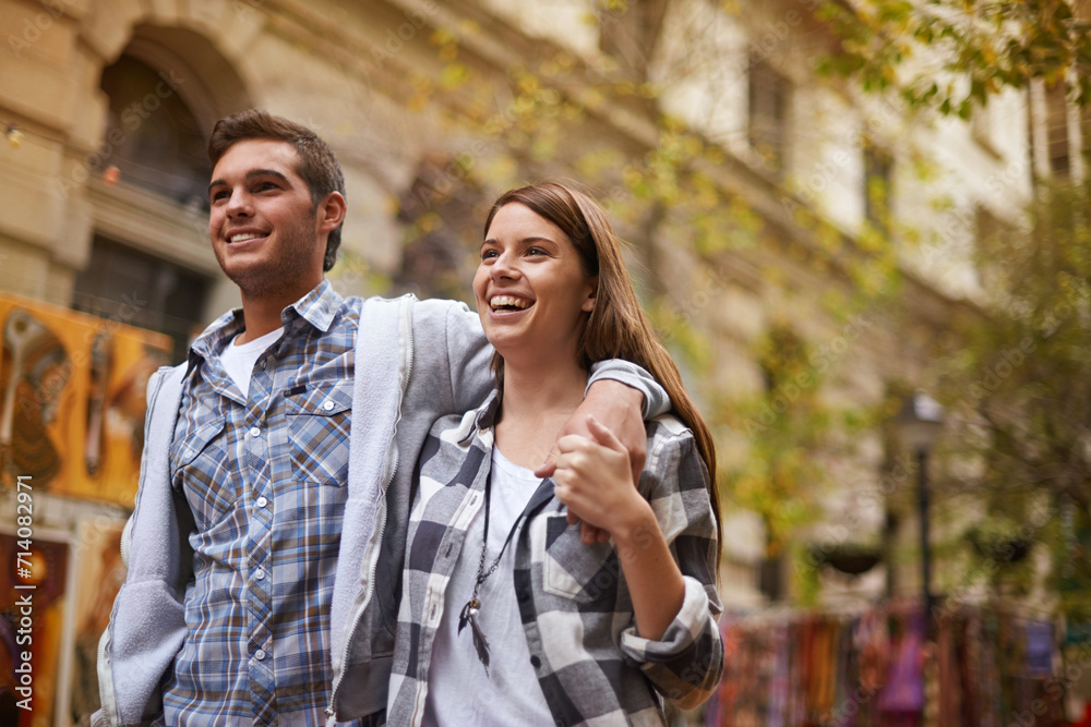 Fototapeta premium Happy, walk and urban couple hug, smile and bonding on relax journey, morning trip or weekend date. Relationship trust, security and romantic people commute for public tour, fresh air or wellness