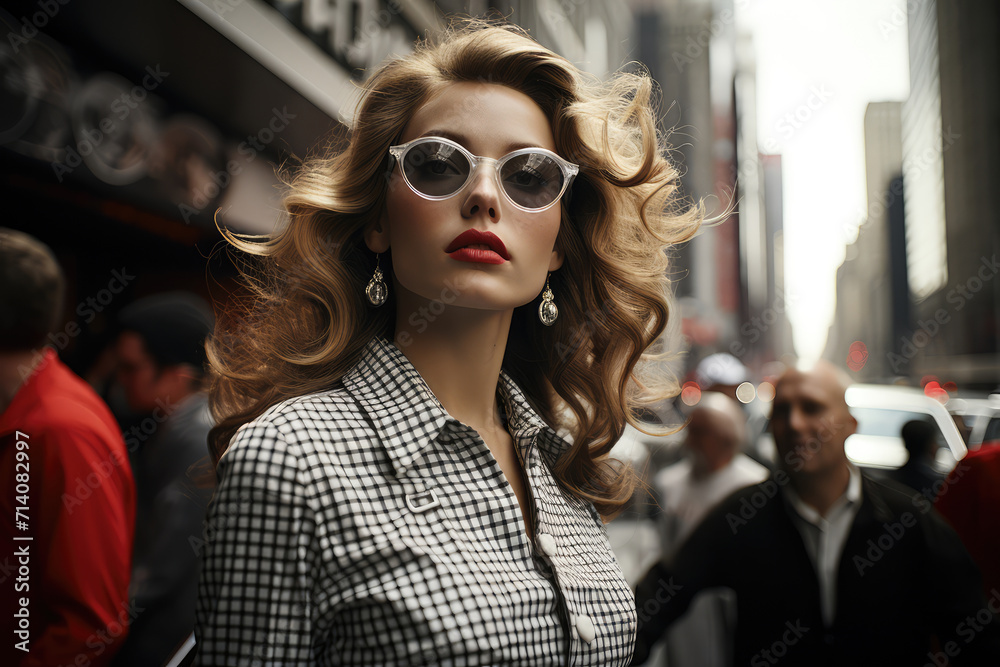 Portrait of a woman with sunglasses walking in the street of a city Portrait of a woman with sunglasses walking in the street of a city