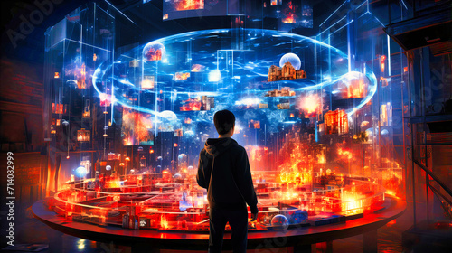 Digital business concept with a futuristic cityscape and a businessman using a computer. Technology, success, and urban innovation